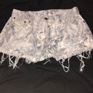 Grey and white distressed denim shorts
